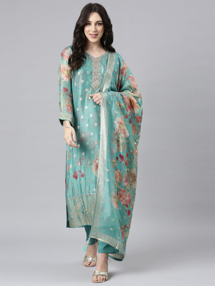 Neerus Green Panelled Straight Kurta and Trousers With Dupatta