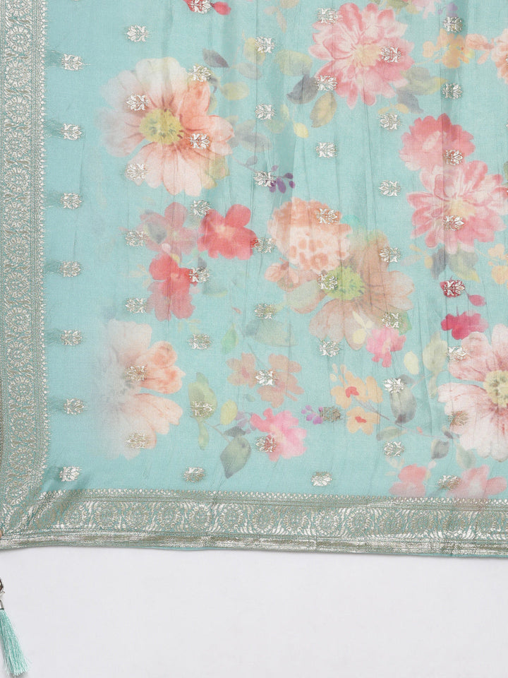 Neerus Green Panelled Straight Kurta and Trousers With Dupatta