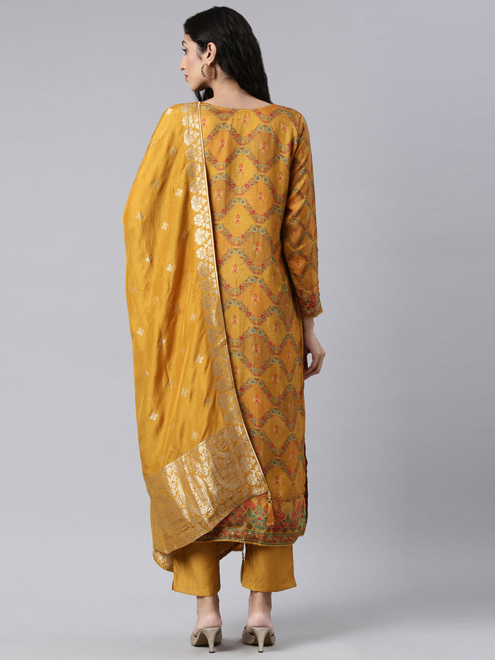 Neerus Mustard Panelled Straight Kurta and Trousers With Dupatta