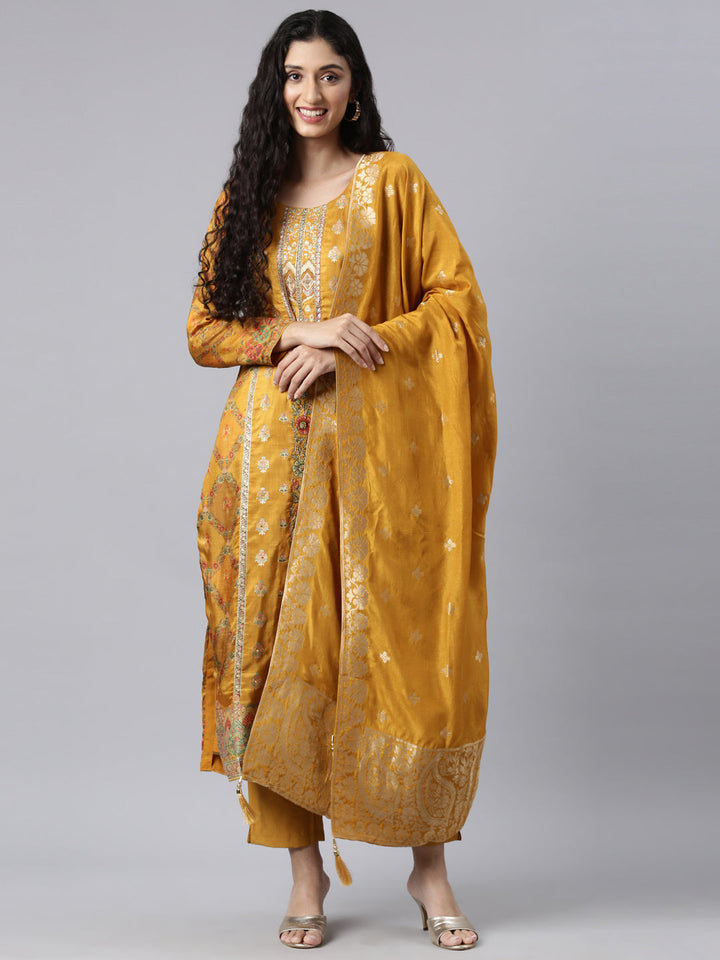 Neerus Mustard Panelled Straight Kurta and Trousers With Dupatta