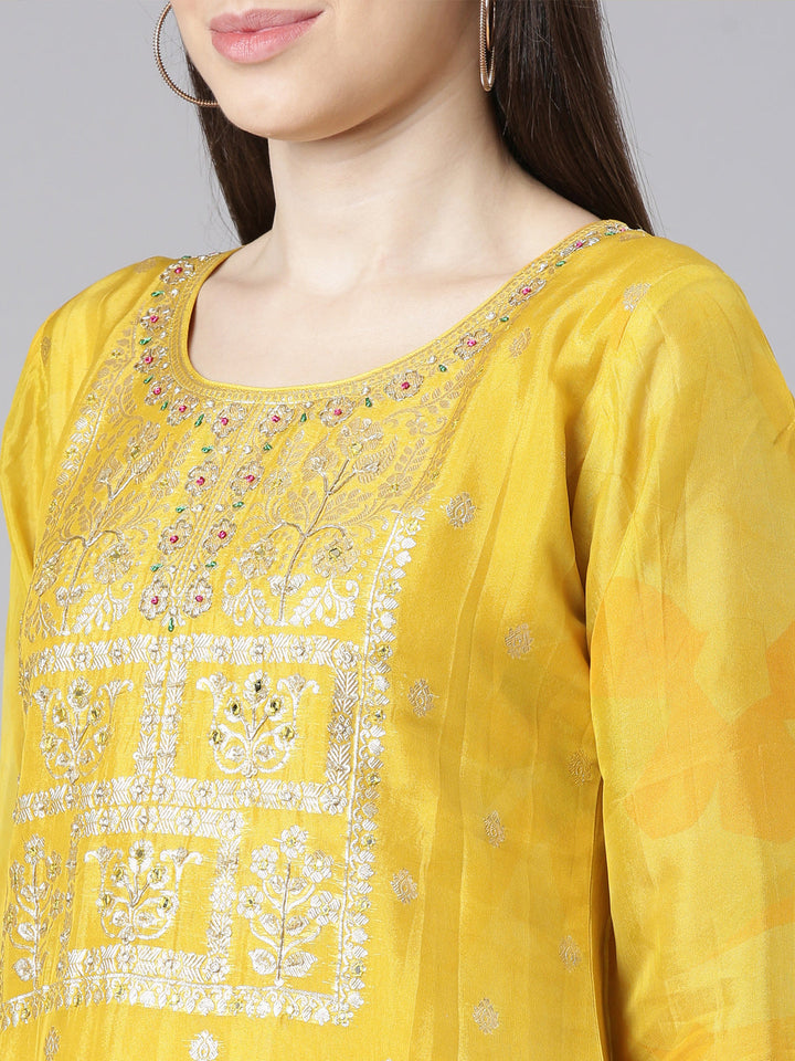 Neerus Mustard Solid Straight Kurta and Trousers With Dupatta