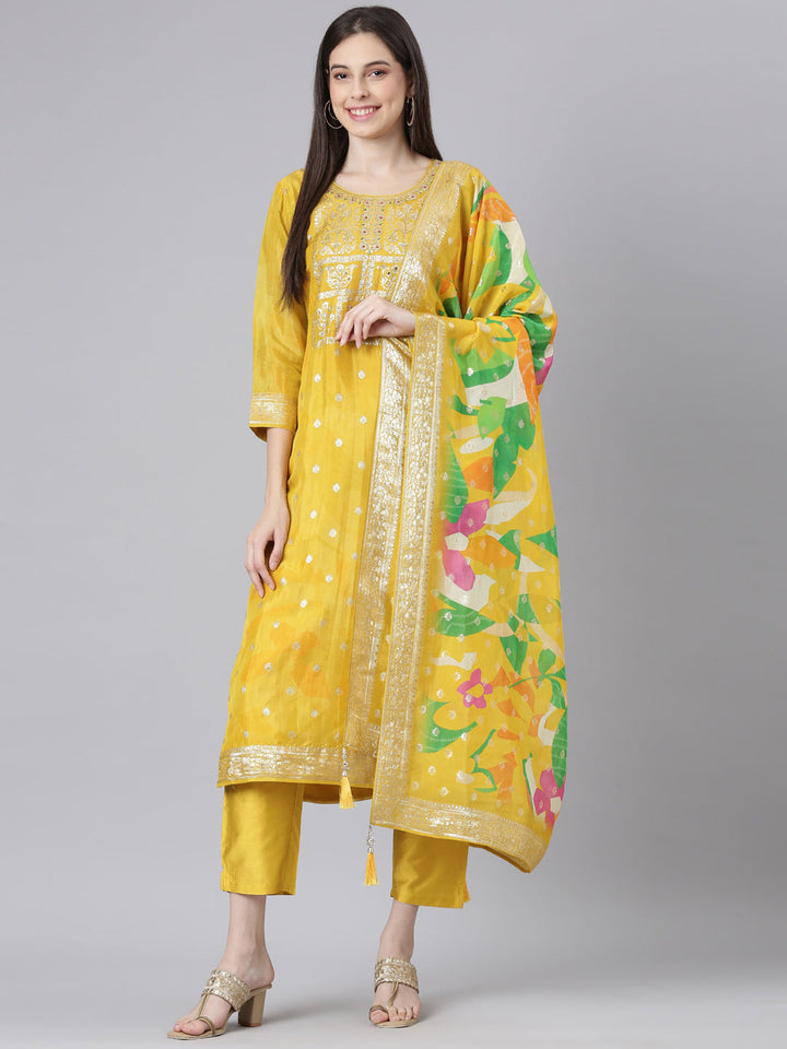 Neerus Mustard Solid Straight Kurta and Trousers With Dupatta