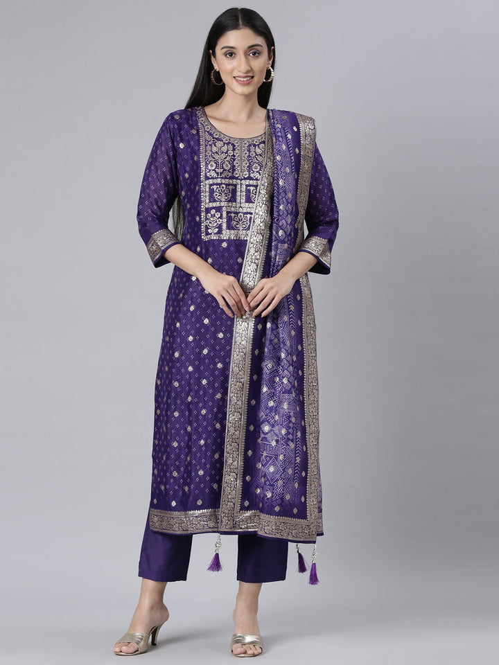 Neerus Purple Printed Straight Kurta and Trousers With Dupatta