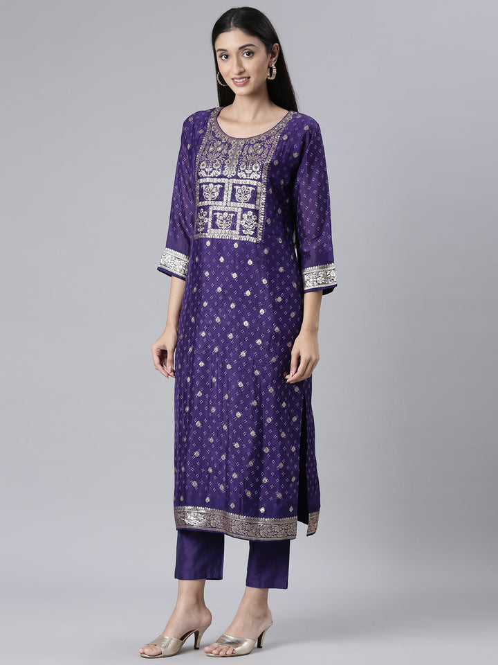 Neerus Purple Printed Straight Kurta and Trousers With Dupatta