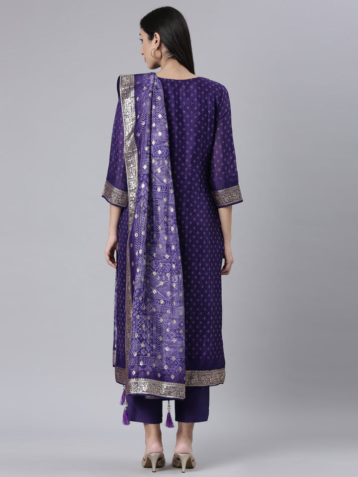 Neerus Purple Printed Straight Kurta and Trousers With Dupatta
