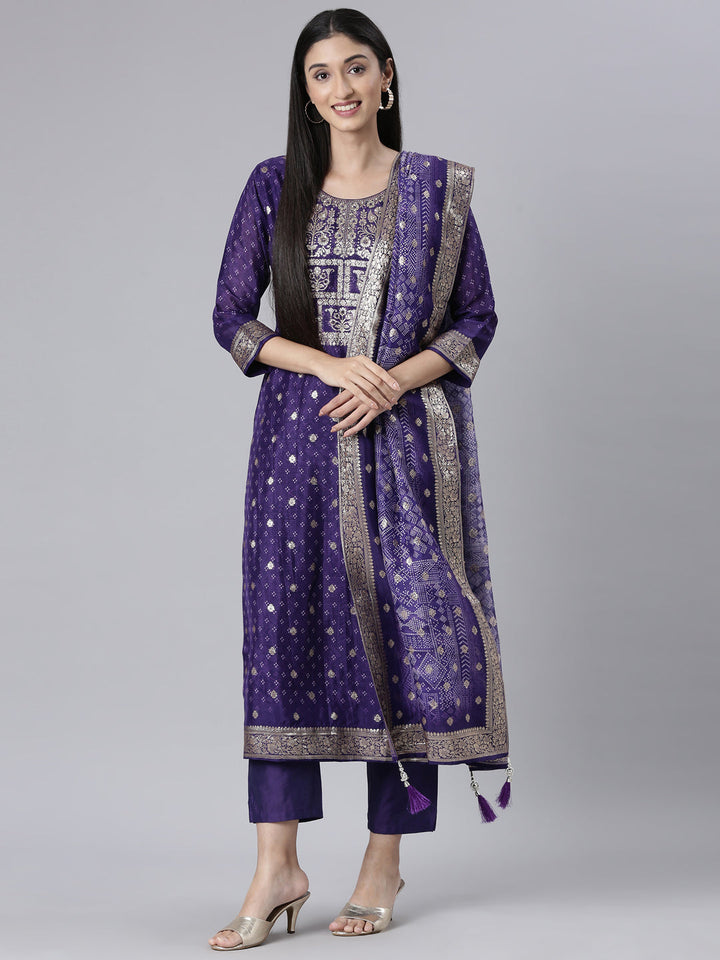 Neerus Purple Printed Straight Kurta and Trousers With Dupatta