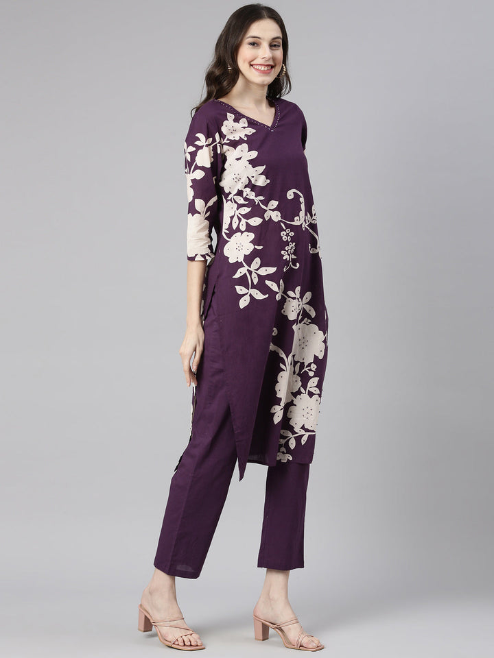 Neerus Purple cotton printed suit set - back view
