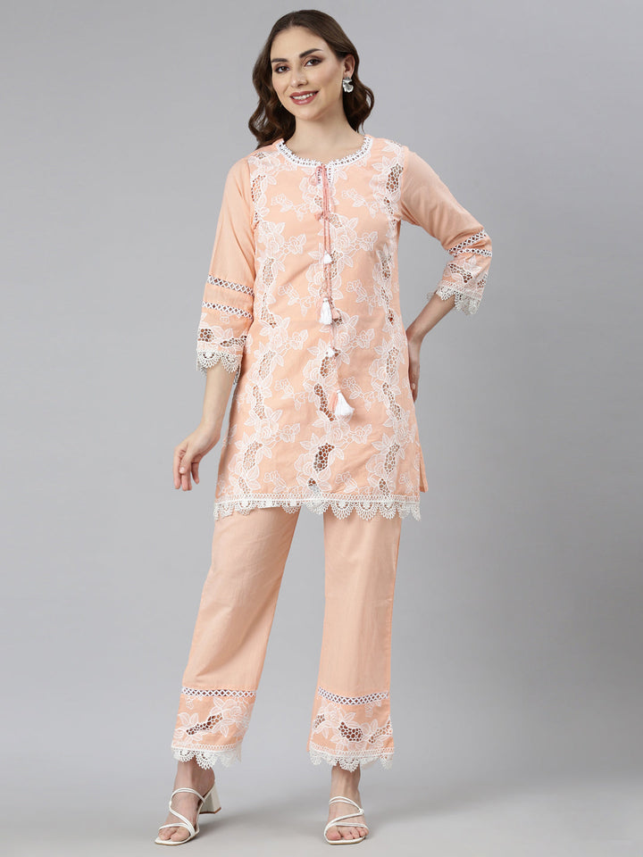 Neerus Orange cotton printed kurta set with trousers - front view