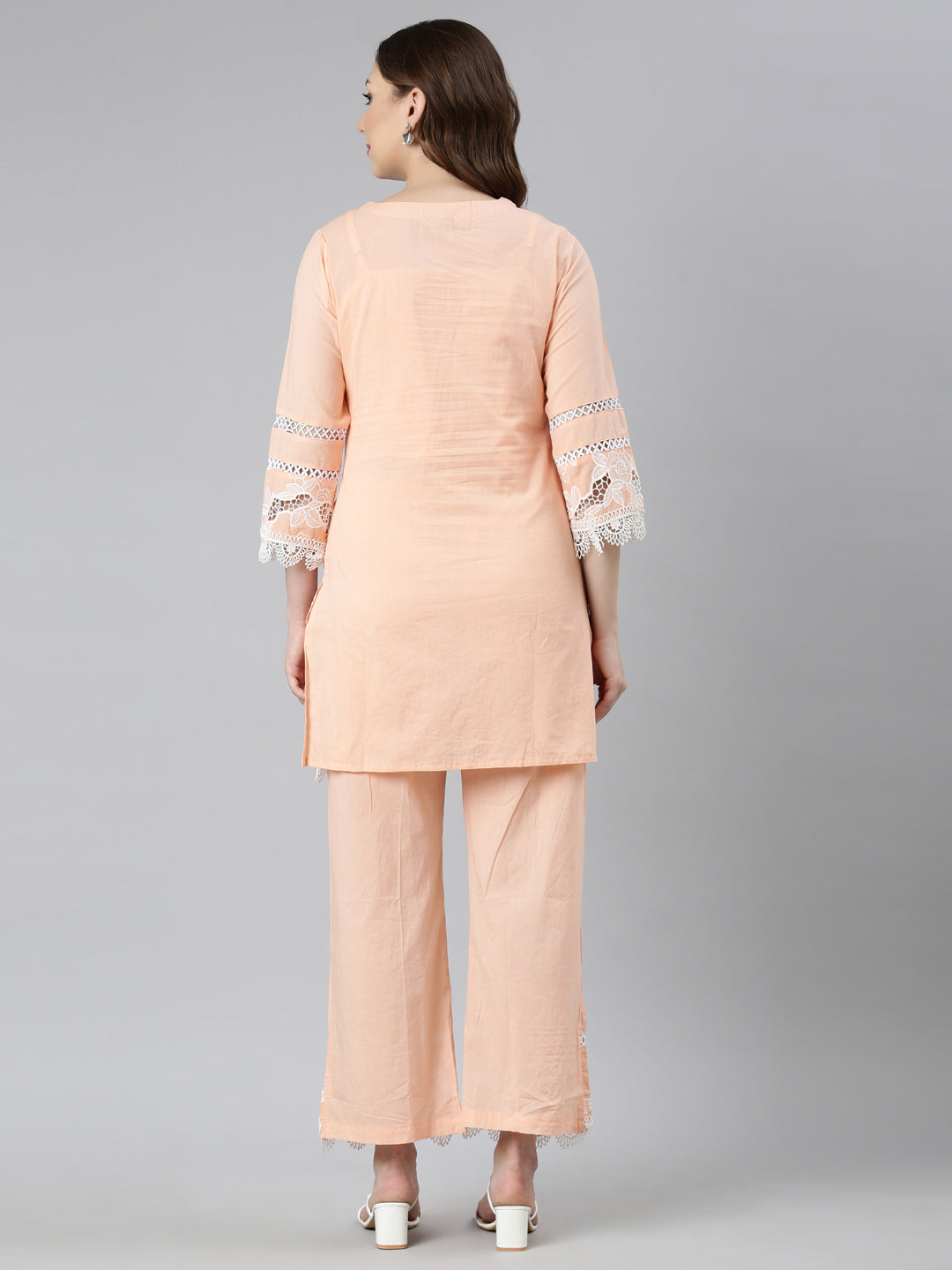 Neerus Orange cotton printed kurta set with trousers - side view