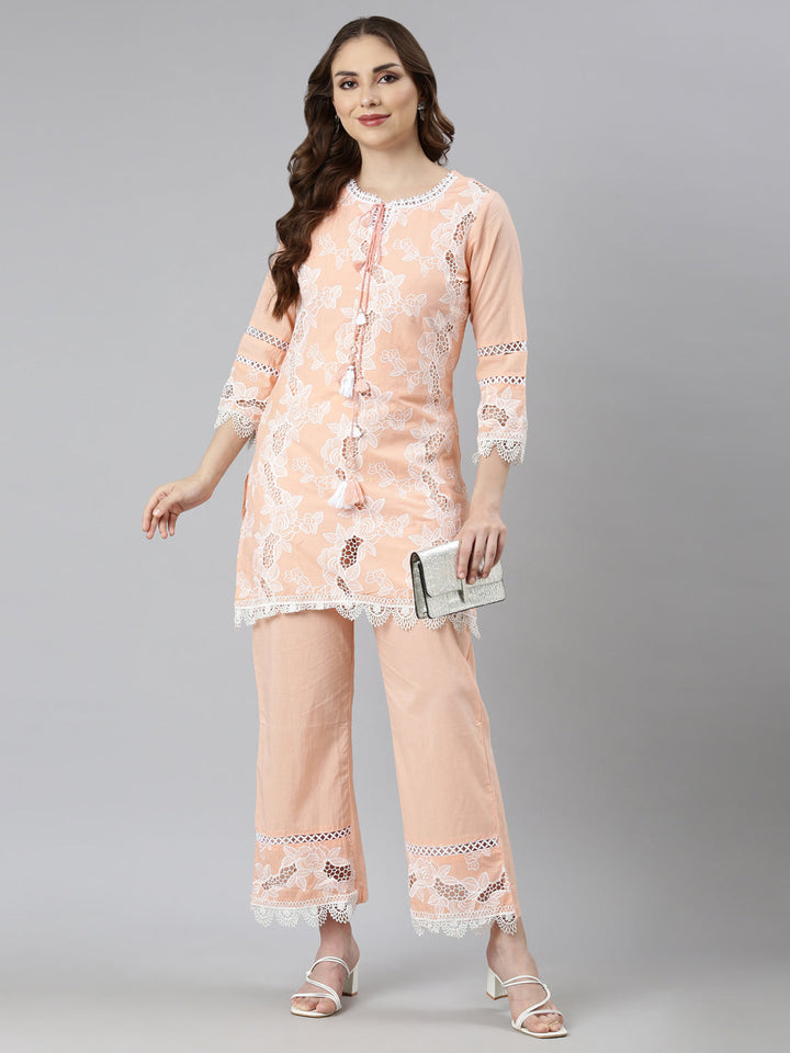 Neerus Orange cotton printed kurta set with trousers - detail view 1