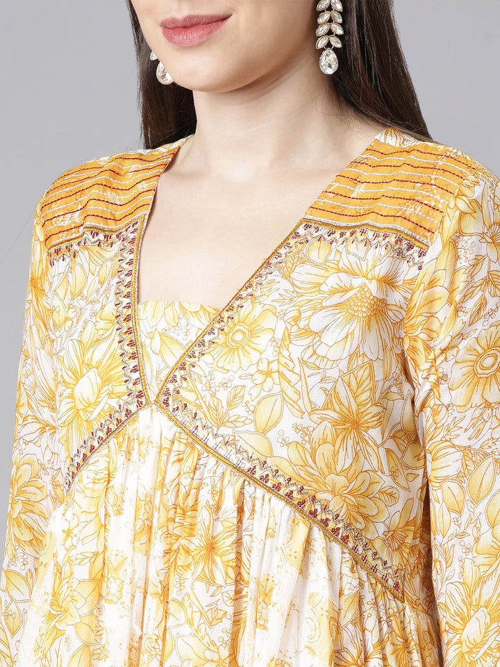 Neerus Mustard Printed Anarkali Kurta and Trousers With Dupatta