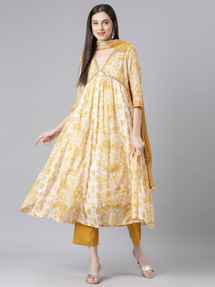 Neerus Mustard Printed Anarkali Kurta and Trousers With Dupatta