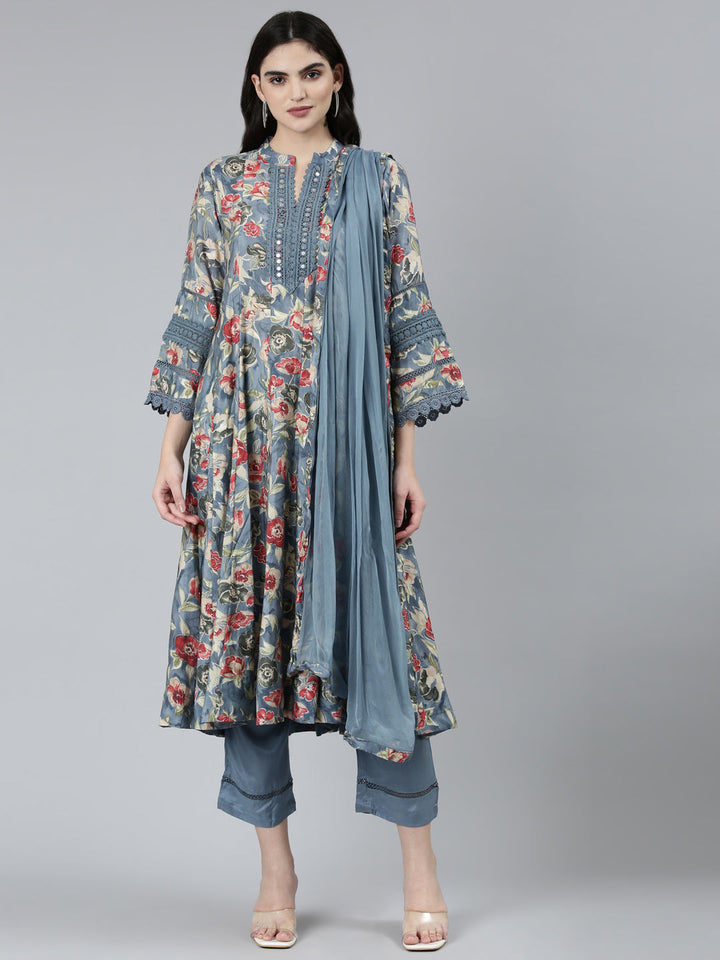 Neerus Grey printed floral kurta set with trouser and dupatta - front view