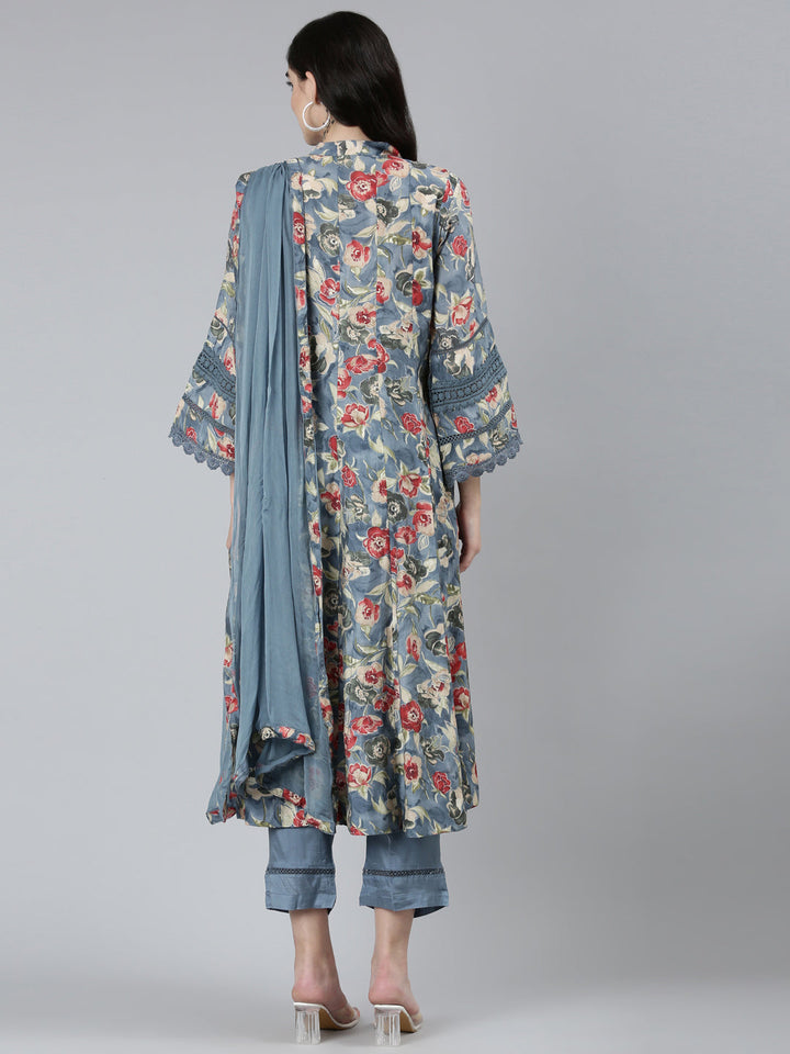 Neerus Grey printed floral kurta set with trouser and dupatta - side view