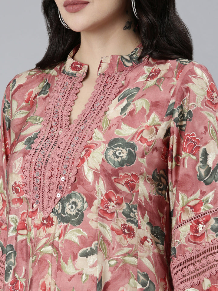 Neerus Pink printed floral kurta set with trouser and dupatta - detail view 1