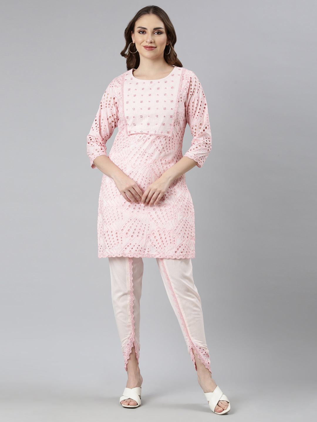 Neerus Pink cotton printed kurta set - front view