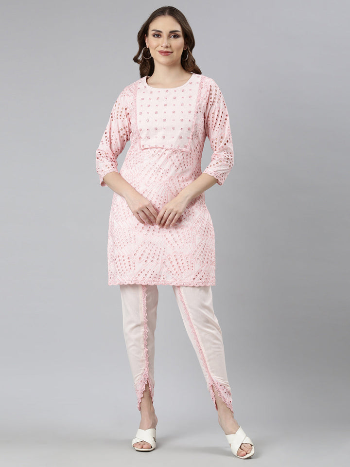 Neerus Pink cotton printed kurta set - front view