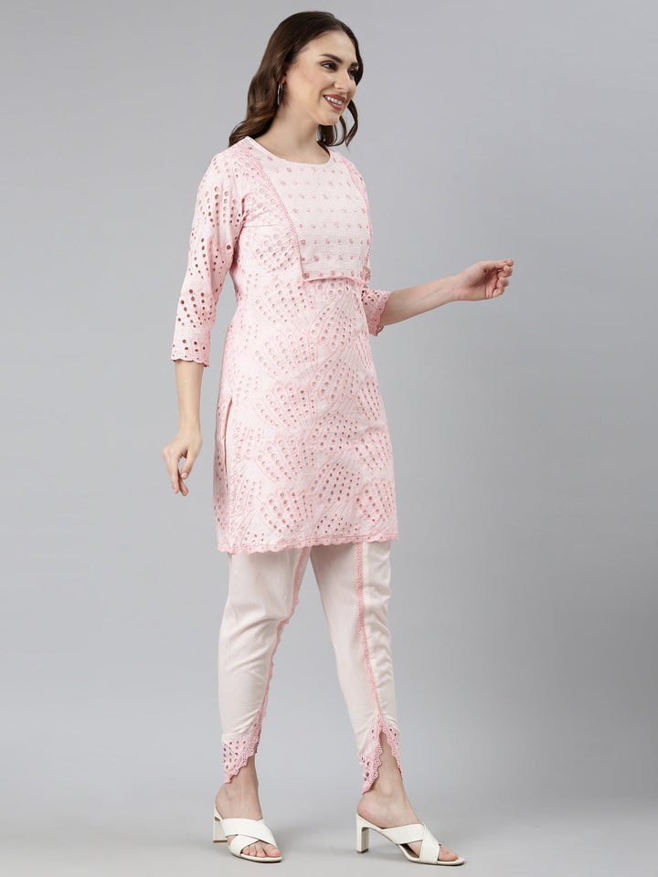 Neerus Pink cotton printed kurta set - back view
