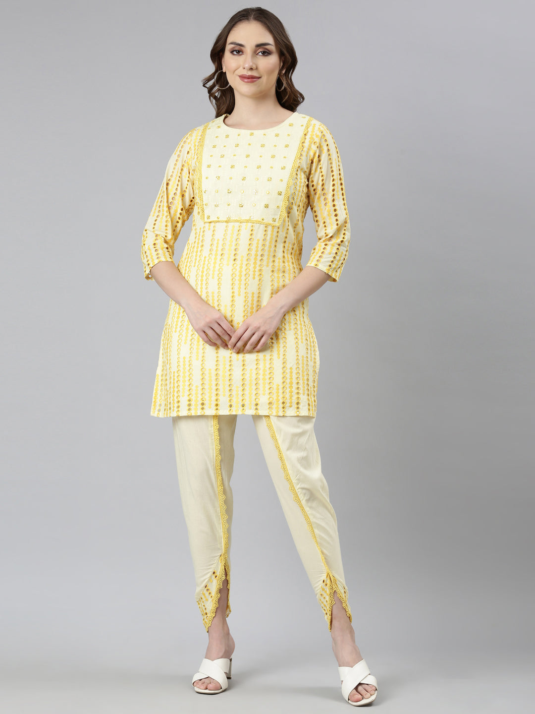 Neerus Yellow cotton printed kurta set - front view