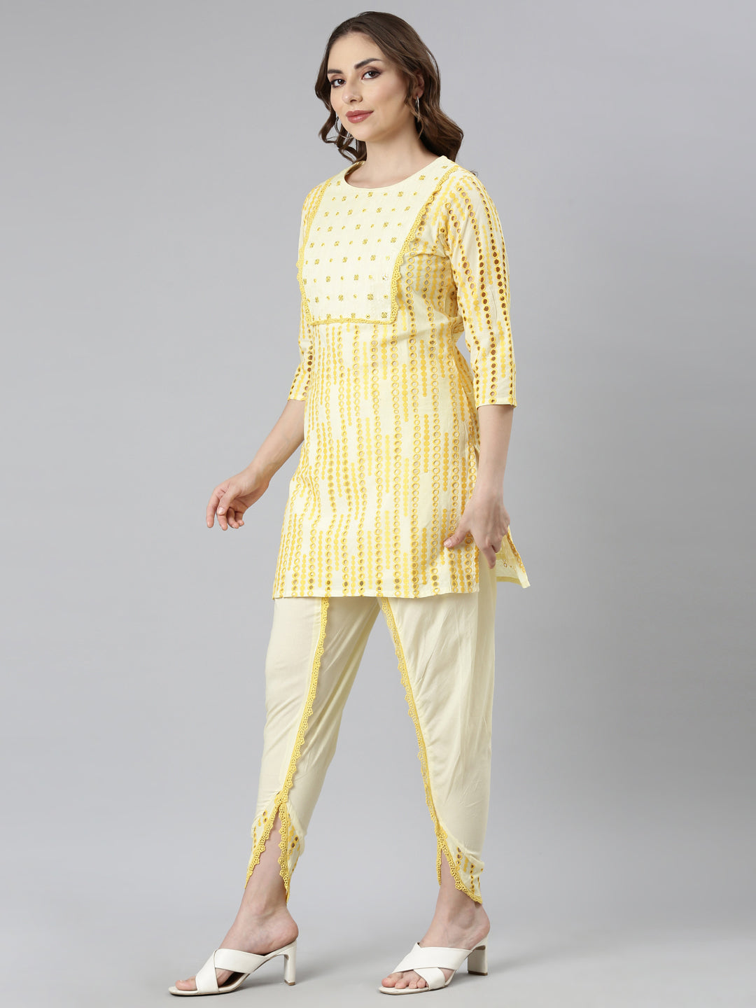 Neerus Yellow cotton printed kurta set - back view