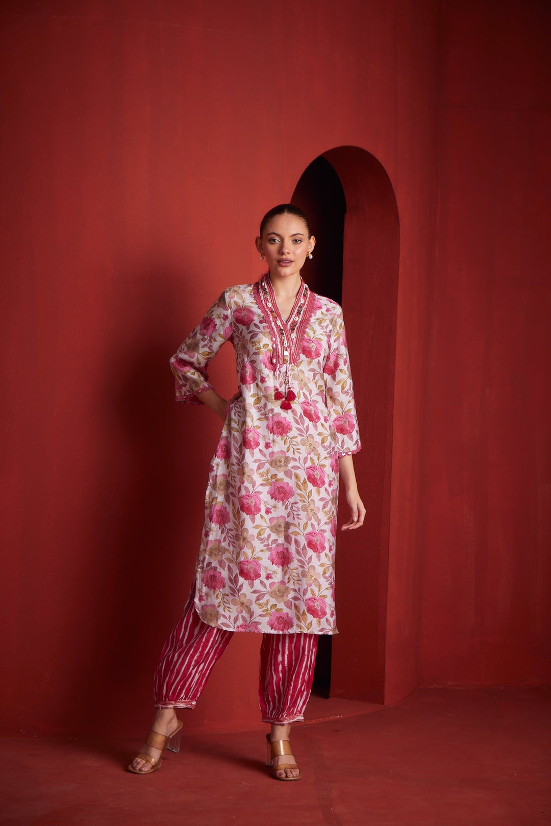 Neerus Pink shantoon printed kurta set - back view