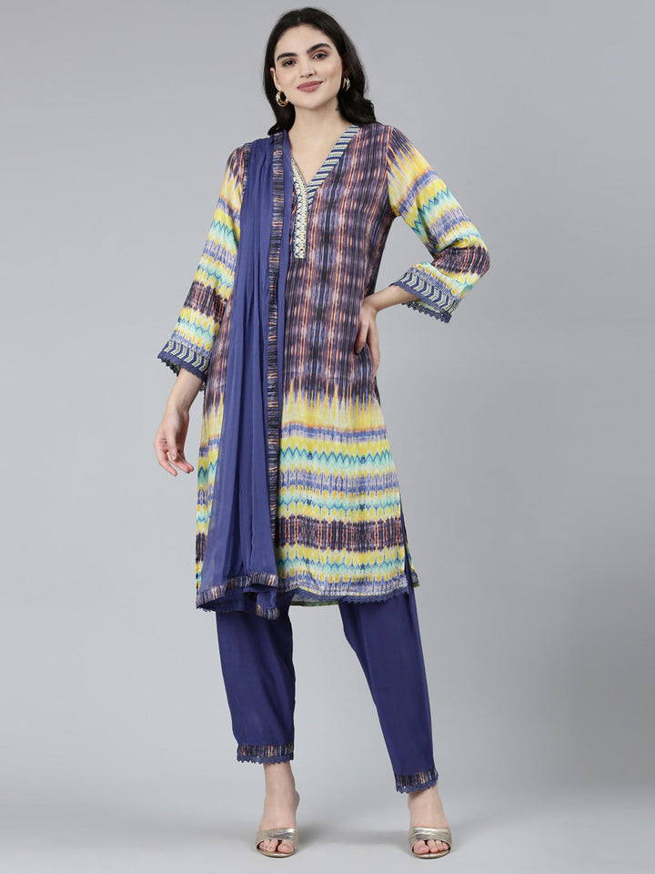 Neerus Blue muslin printed kurta set with trousers and dupatta - front view