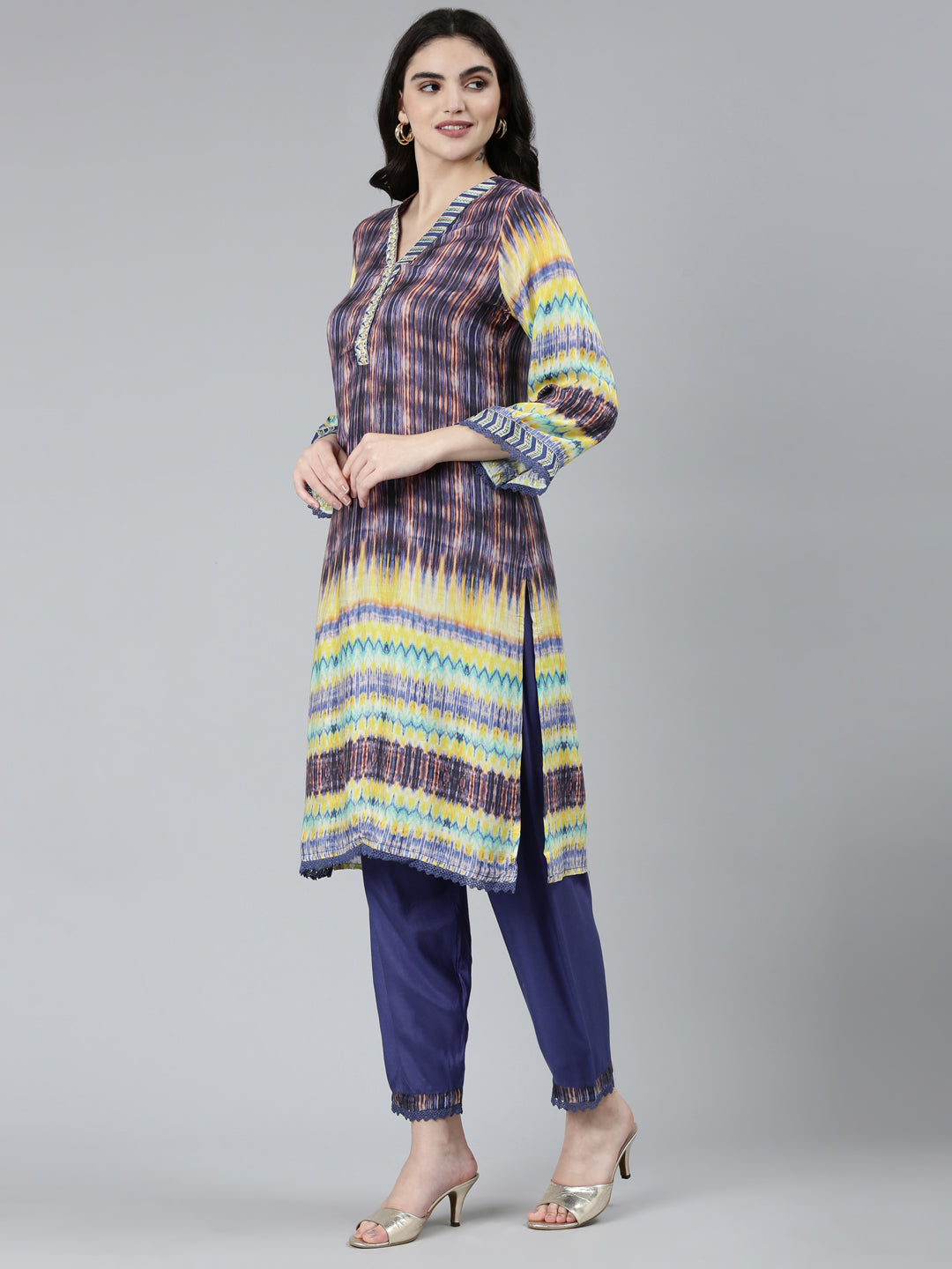 Neerus Blue muslin printed kurta set with trousers and dupatta - back view