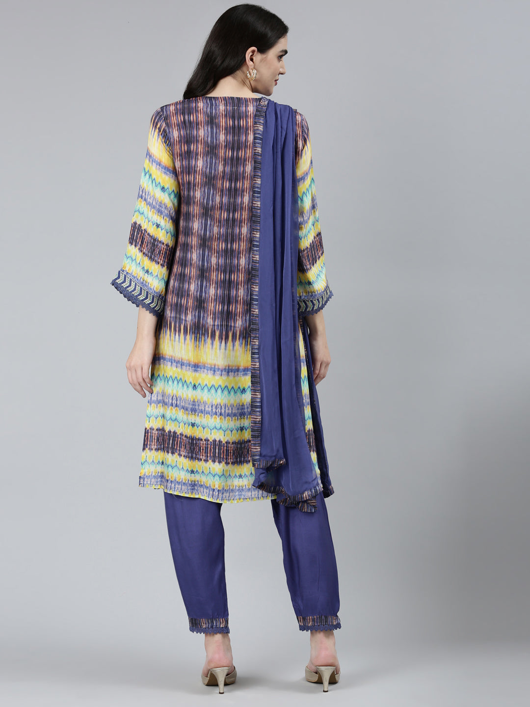 Neerus Blue muslin printed kurta set with trousers and dupatta - side view