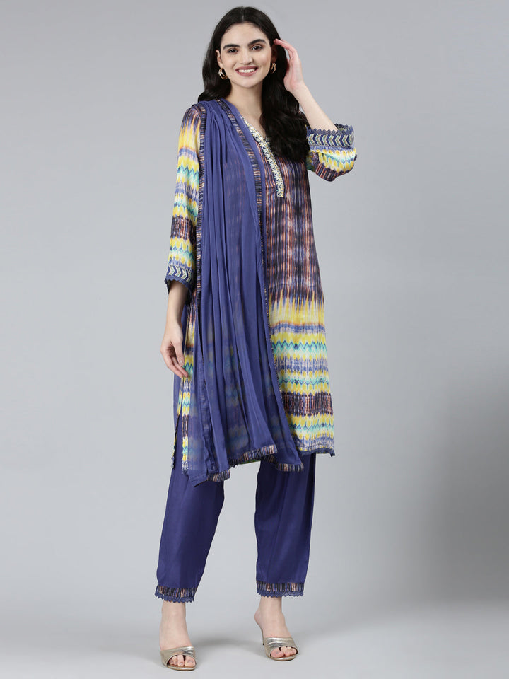 Neerus Blue muslin printed kurta set with trousers and dupatta - detail view 2