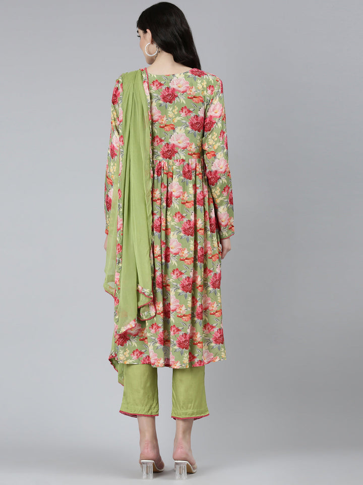 Neerus Green velvet printed Nyra cut kurta set - side view