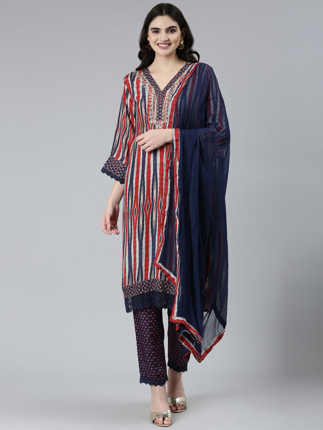 Neerus Blue printed chevron kurta set with trouser and dupatta - front view