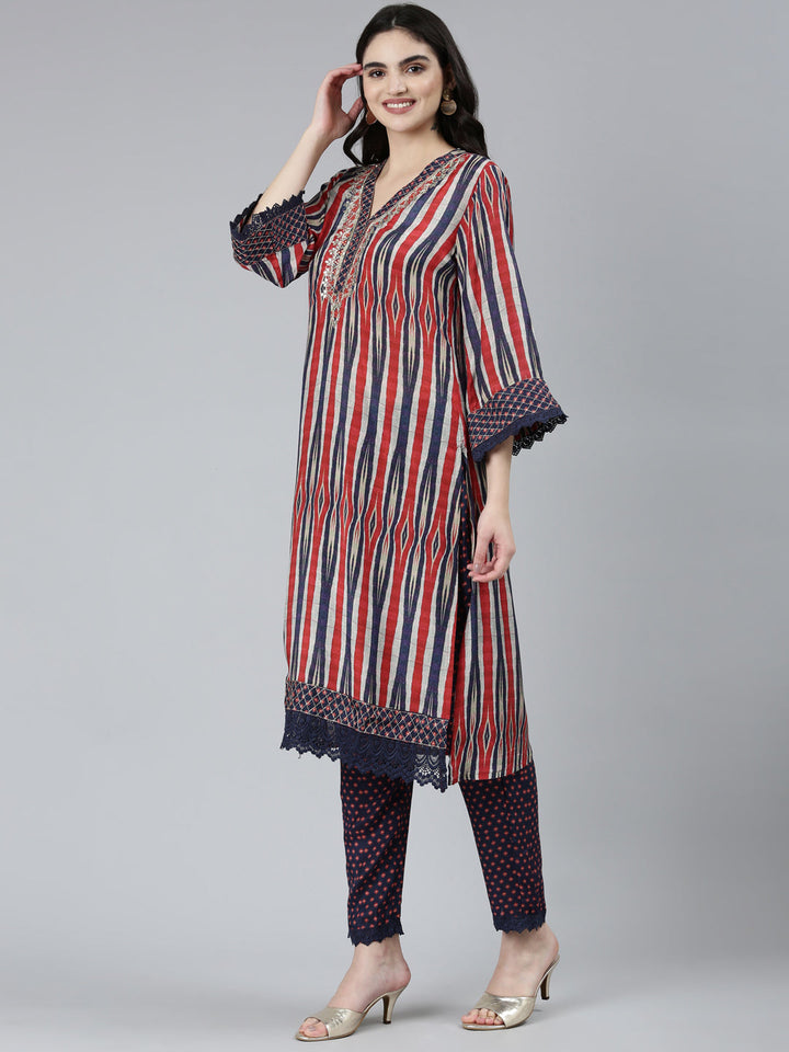 Neerus Blue printed chevron kurta set with trouser and dupatta - back view