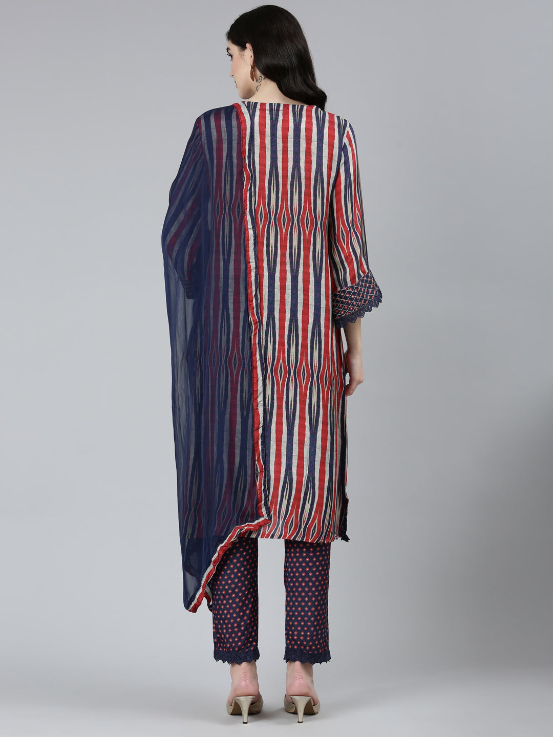 Neerus Blue printed chevron kurta set with trouser and dupatta - side view