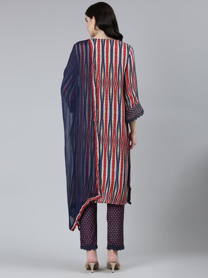 Neerus Blue printed chevron kurta set with trouser and dupatta - side view