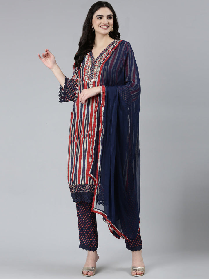 Neerus Blue printed chevron kurta set with trouser and dupatta - detail view 2