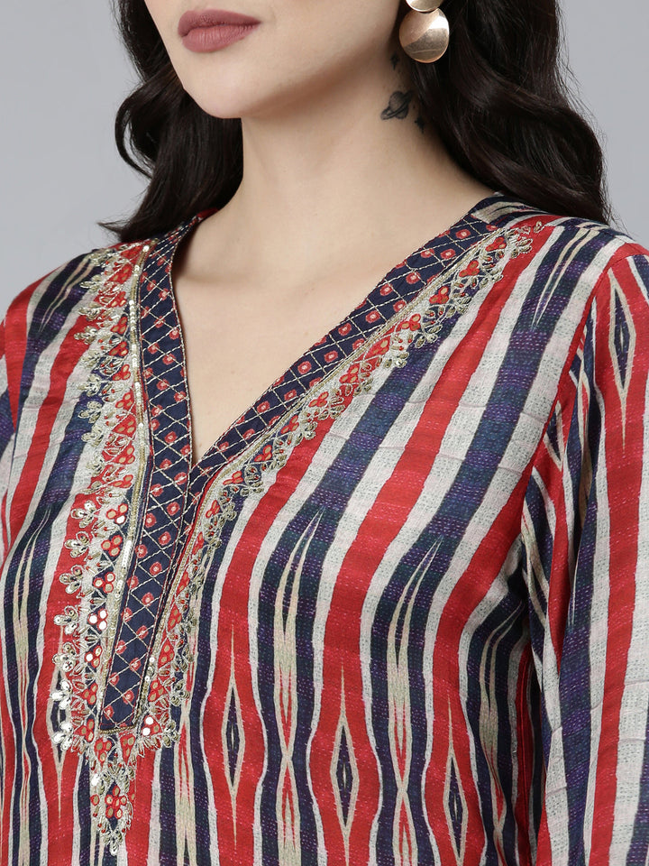 Neerus Blue printed chevron kurta set with trouser and dupatta - detail view 1