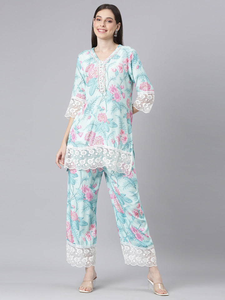 Neerus Blue Printed Straight Kurti and Trousers