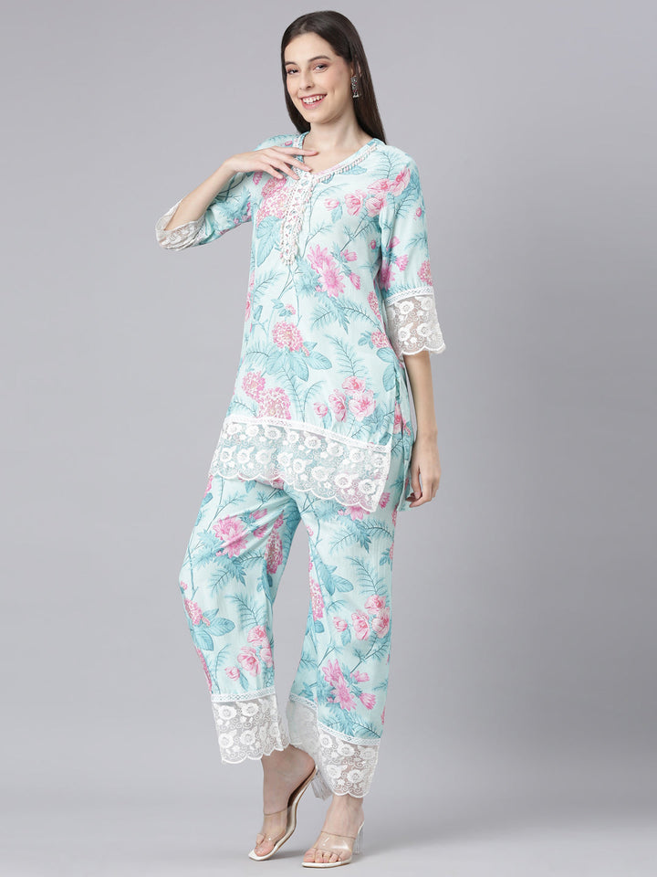 Neerus Blue Printed Straight Kurti and Trousers