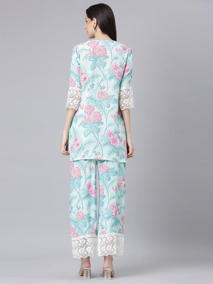 Neerus Blue Printed Straight Kurti and Trousers