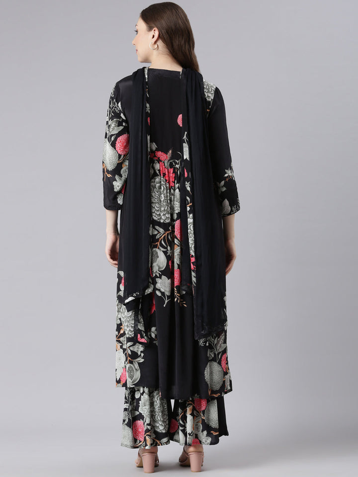 Neerus Black muslin printed kurta suit set - detail view 1