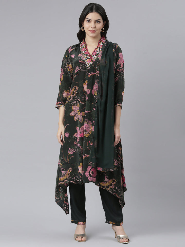 Neerus Green crepe printed high-low suit set - front view