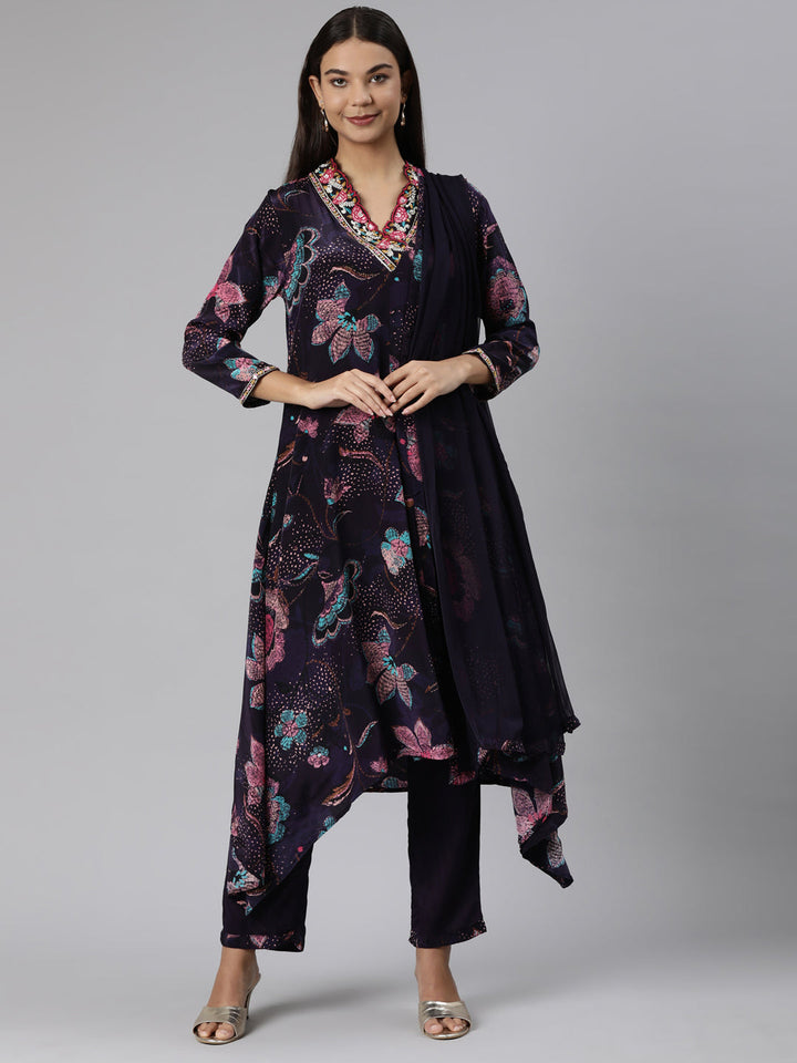 Neerus Purple crepe printed suit set high-low kurta with dupatta - front view