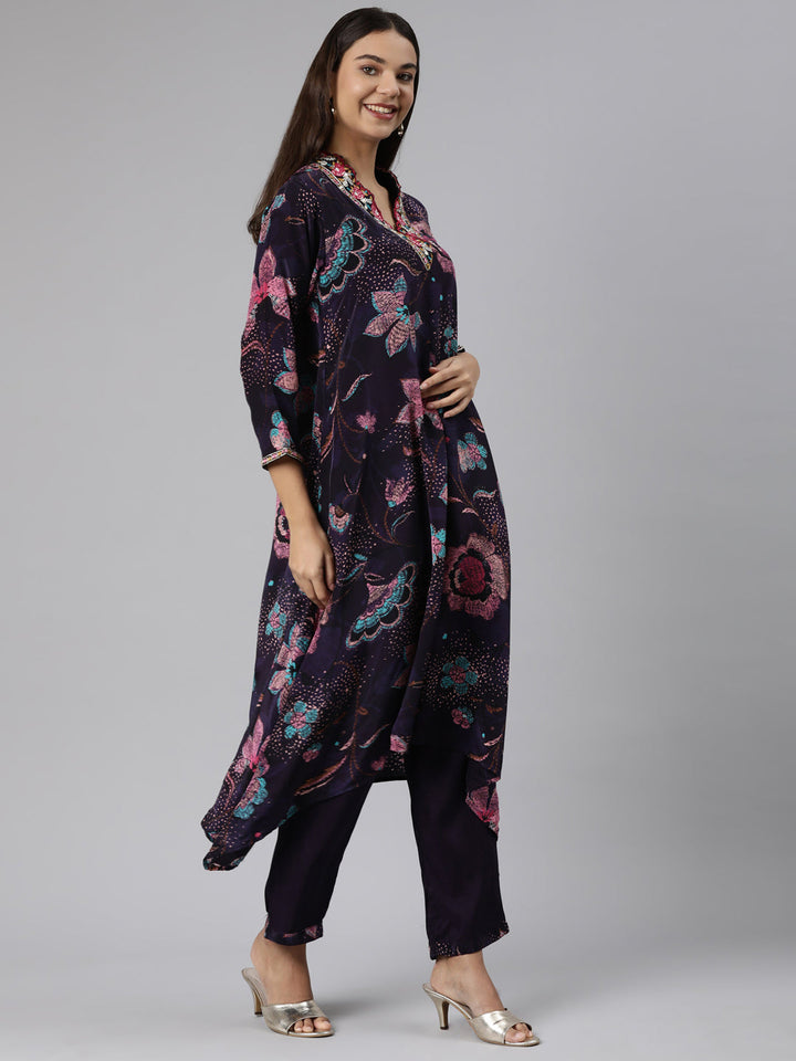 Neerus Purple crepe printed suit set high-low kurta with dupatta - back view
