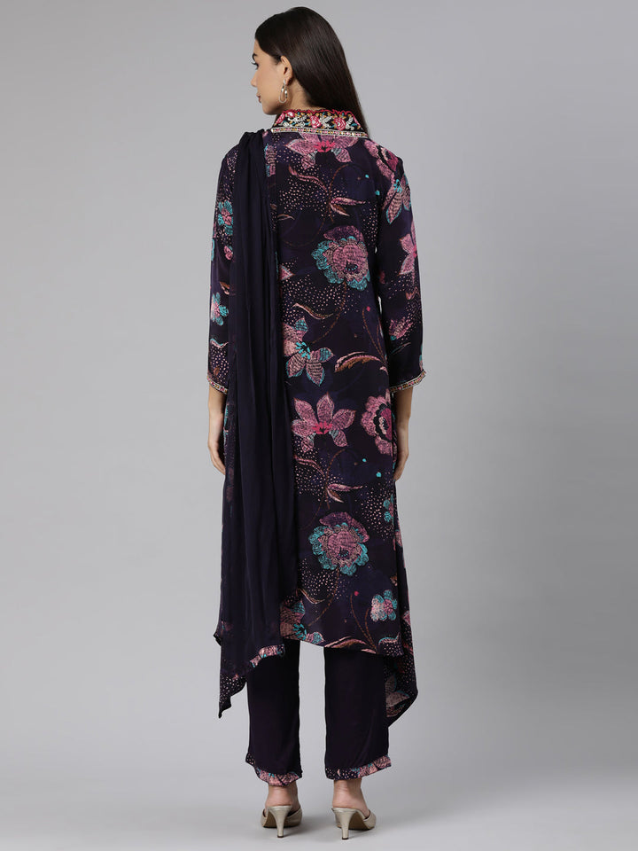 Neerus Purple crepe printed suit set high-low kurta with dupatta - side view