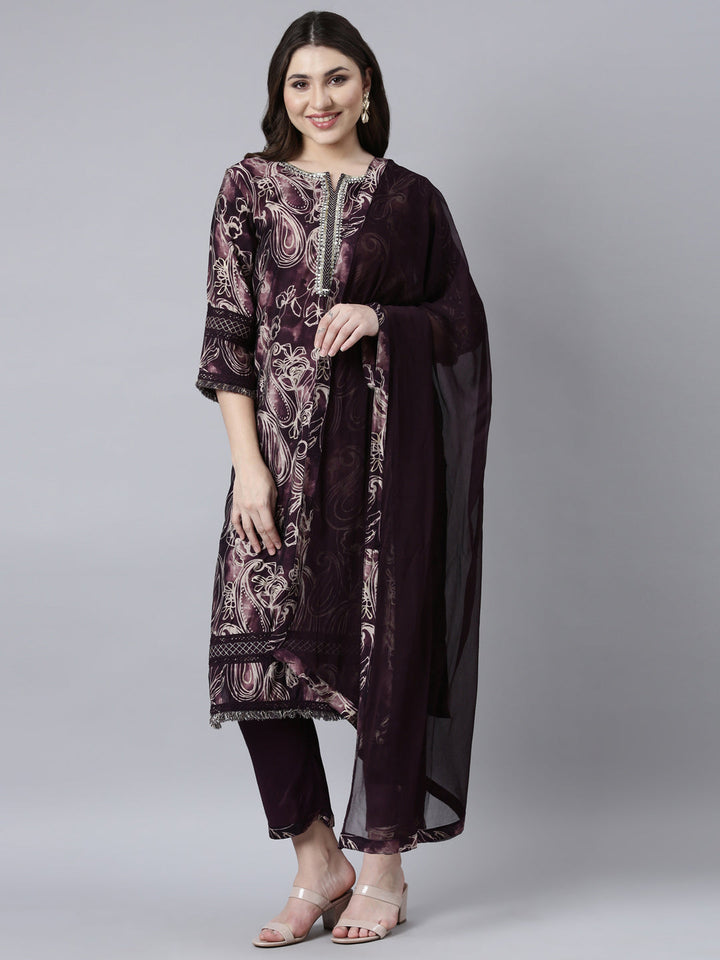 Neerus Purple printed paisley suit set - front view