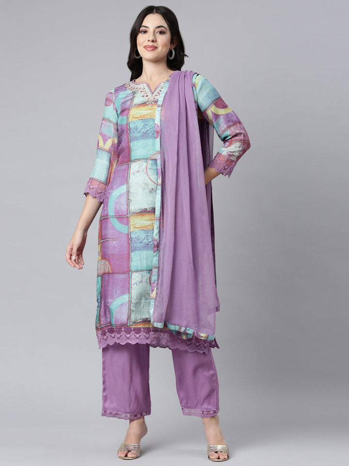 Neerus Purple printed geometric suit set straight kurta with trouser and dupatta - front view