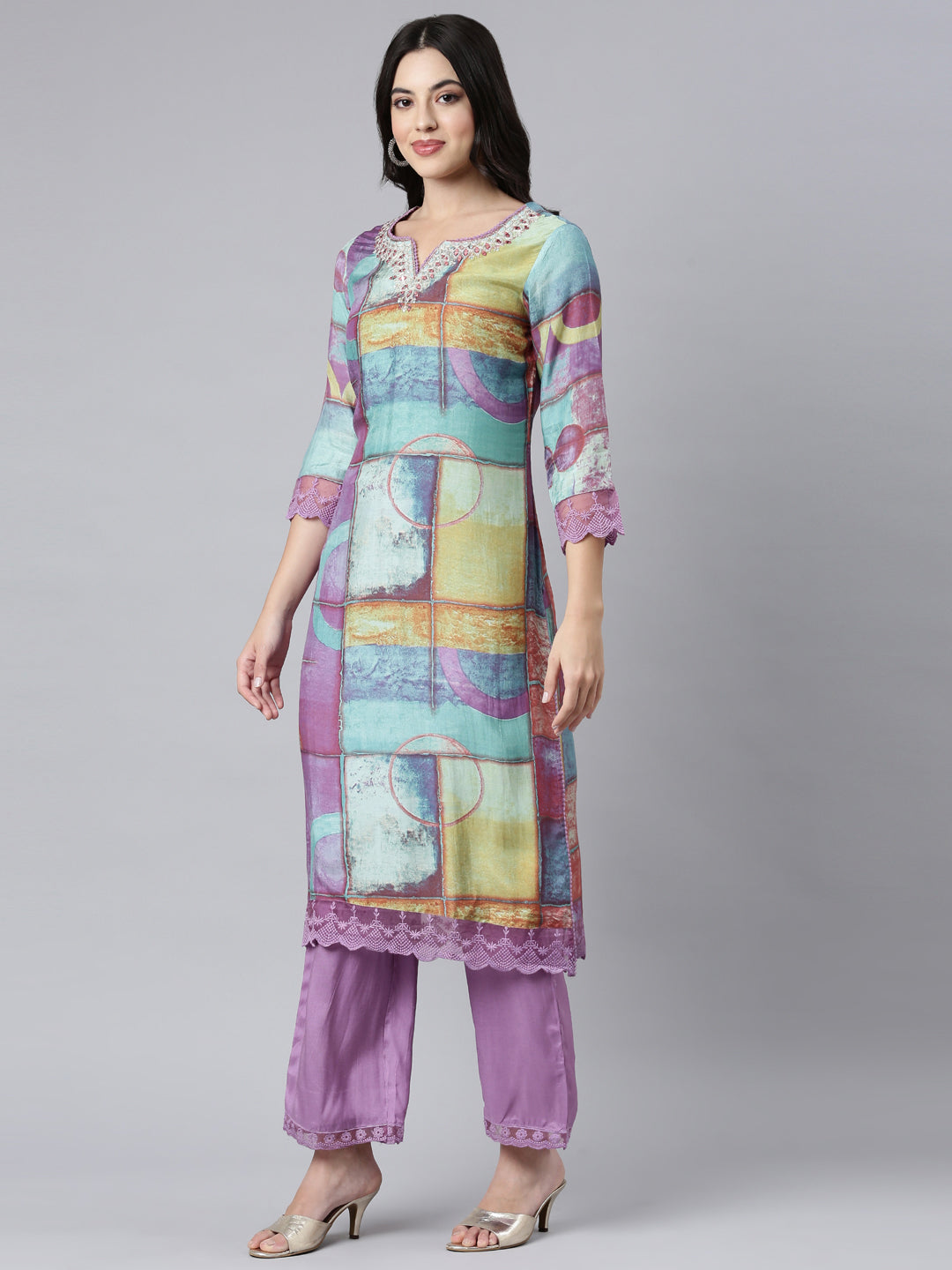 Neerus Purple printed geometric suit set straight kurta with trouser and dupatta - back view