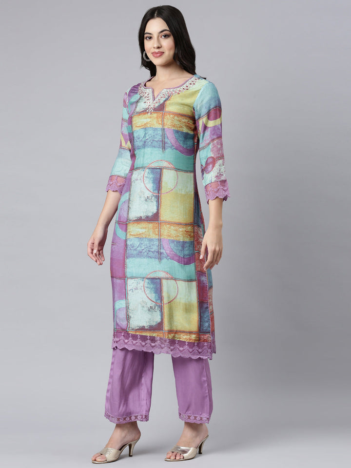 Neerus Purple printed geometric suit set straight kurta with trouser and dupatta - back view