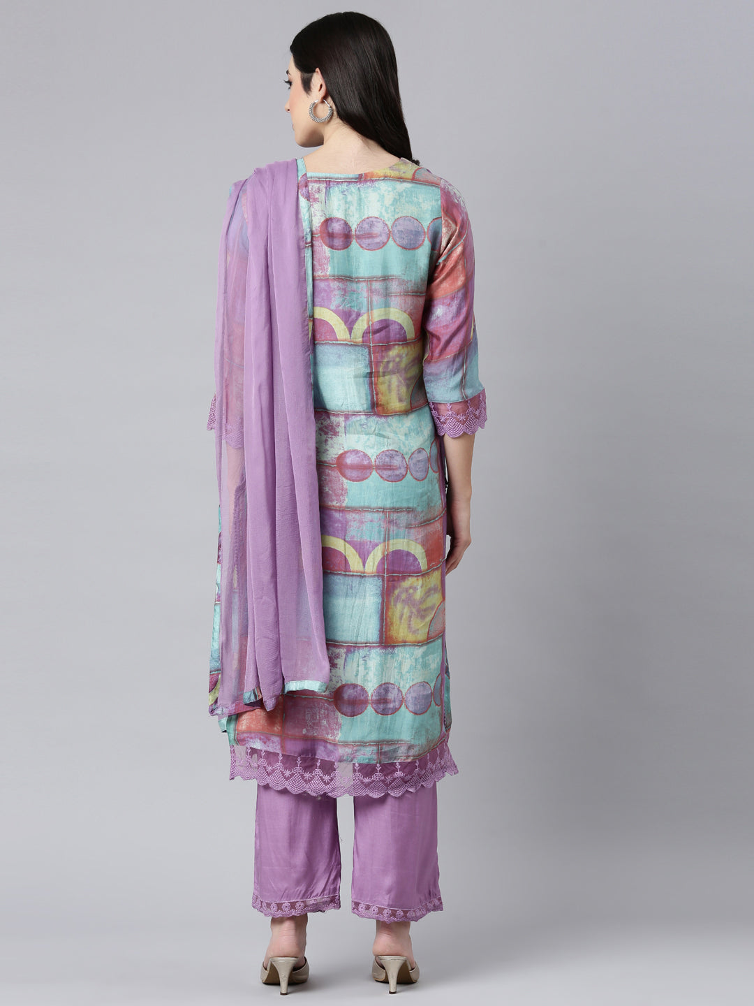 Neerus Purple printed geometric suit set straight kurta with trouser and dupatta - side view