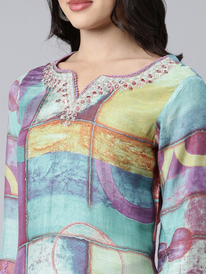 Neerus Purple printed geometric suit set straight kurta with trouser and dupatta - detail view 1
